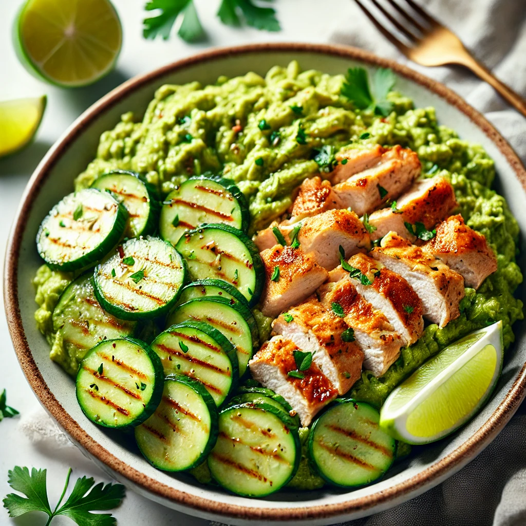 No Carb Gebratene Gurke mit Hähnchen und Avocadocreme